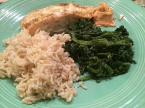 Baked Salmon with Dill Sauce, Buttered Spinach, Brown Basmati Rice